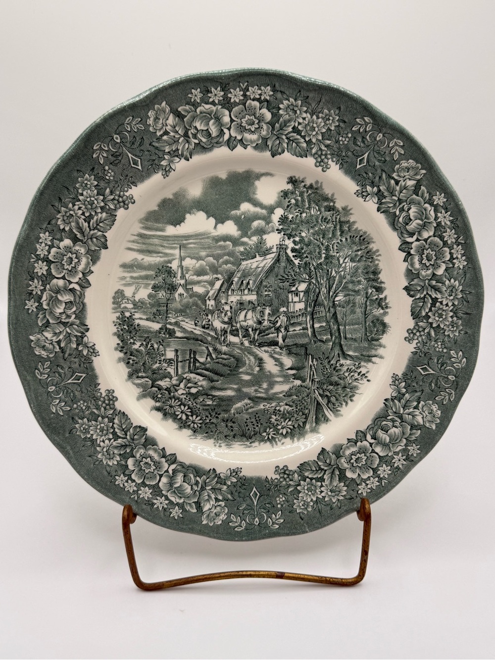 Vintage Memory Lane Pattern Green Transferware Decorative Dinner Plate